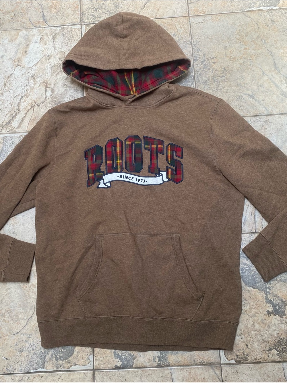 Roots Brown Plaid-Lined Hoodie Sweatshirt Men’s Size Large